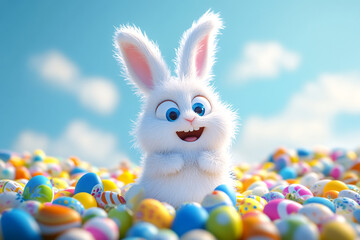 A cheerful white Easter bunny with a happy expression, surrounded by vibrant, colorful eggs. The scene features a bright sky blue background, evoking a festive and joyful springtime atmosphere.