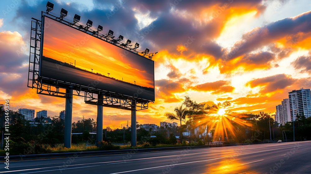 Wall mural Sunset landscape displayed on a large billboard next to a highway.