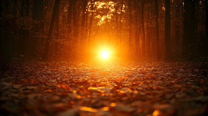 Fototapeta premium Sunset light illuminating autumn forest path.