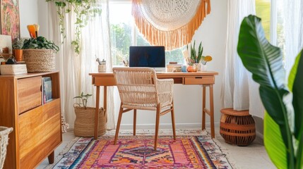 A bohemian-inspired workspace with a woven desk chair, a macram hanging planter, and a colorful rug underfoot