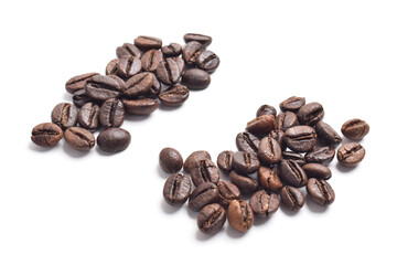 Many roasted coffee beans isolated on white background, top view