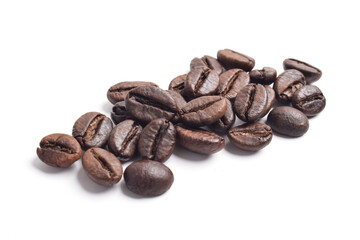 Many roasted coffee beans isolated on white background, top view
