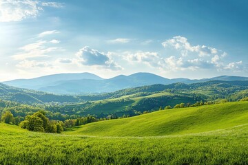 Fototapeta premium panorama of beautiful countryside of romania. sunny afternoon. wonderful springtime landscape in mountains. grassy field and rolling hills. rural scenery
