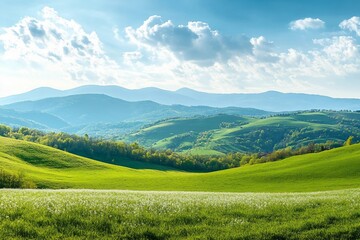 Obraz premium panorama of beautiful countryside of romania. sunny afternoon. wonderful springtime landscape in mountains. grassy field and rolling hills. rural scenery
