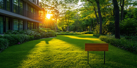 Obraz premium Sunset view of modern building's green lawn with blank wooden sign.