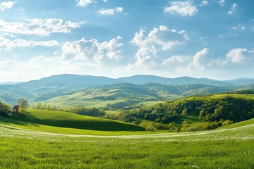 panorama of beautiful countryside of romania. sunny afternoon. wonderful springtime landscape in mountains. grassy field and rolling hills. rural scenery