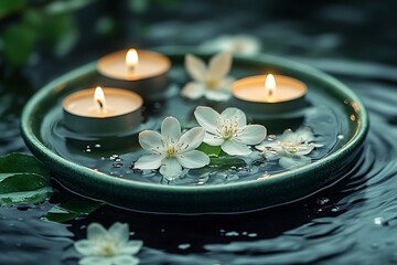 Bowl of spa water with flowers and candles
