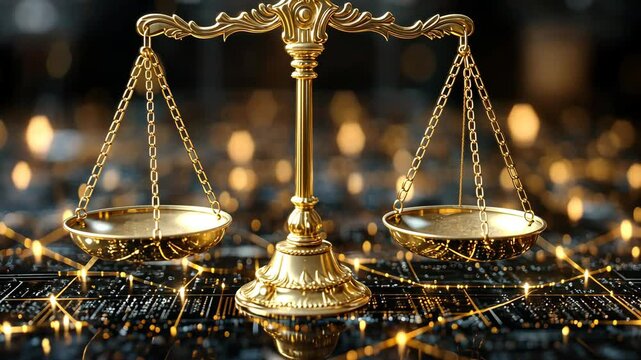 A golden scale of justice shines brightly against a sparkling background, symbolizing fairness and truth