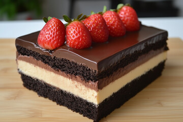 chocolate cake with strawberries and cream
