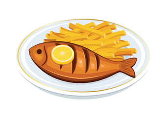 Grilled whole fish and french fries on a plate vector illustration. Baked whole fish icon isolated on a white background. Fried fish with lemon drawing. Fish and Chips vector