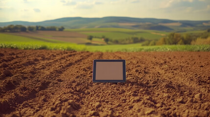 Tablet on tilled farmland, scenic background.