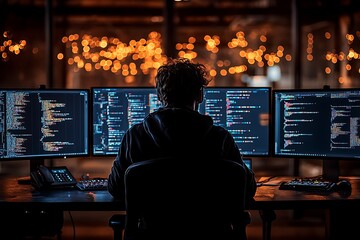 Fototapeta premium Hooded computer hacker stealing information with laptop, online and server crime concept