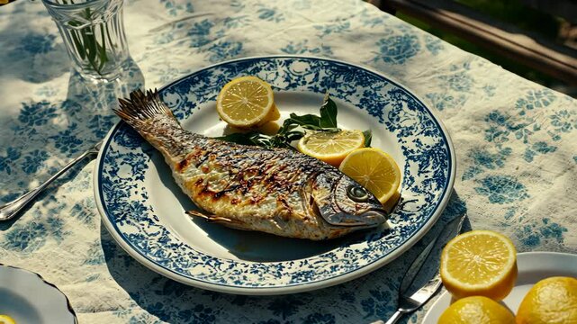 Grilled fish served with lemon slices on a patterned tablecloth in a garden setting during sunny weather