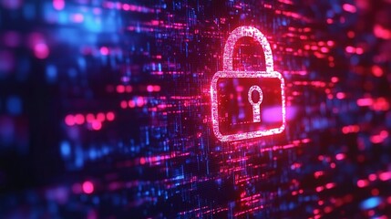 Digital padlock icon on a digital data stream background with glowing light effects and bokeh lights