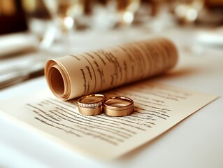 Gold Wedding Rings Resting on a Wedding Invitation