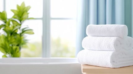 A serene bathroom scene featuring neatly stacked white towels beside a soothing indoor plant, illuminated by natural light through a window.