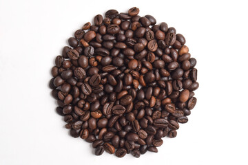 Top view of Coffee beans in circle shape isolated on white background.