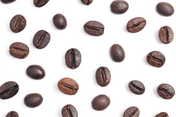 Coffee beans pattern isolated on white background. Top view