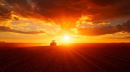 Tractor silhouetted against a vibrant sunset over a field.
