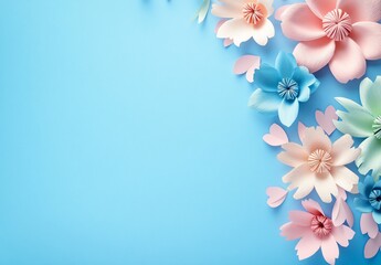 Pastel Paper Flowers Blue Background Spring Design