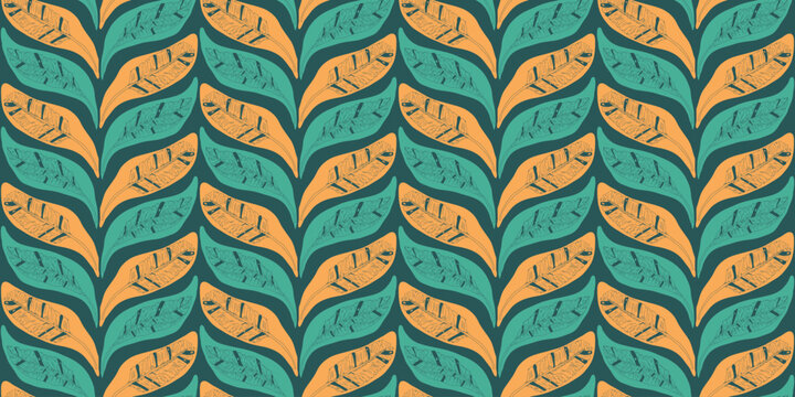 Banana leaves seamless pattern. Tiled tropical endless background. Palm tree foliage repeat cover. Jungle continuous ornament. Surface pattern design exotic. Vector hand drawn bg illustration.