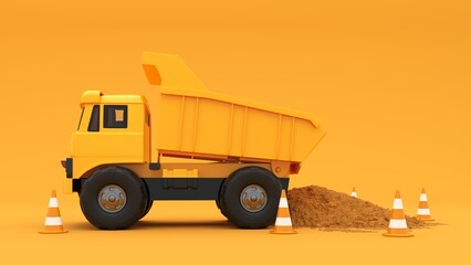 3D render of heavy construction equipment on a construction site with sand. Vivid image with crane and dump truck and excavator for advertising construction works and companies.