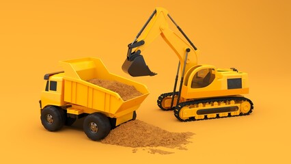 3D render of heavy construction equipment on a construction site with sand. Vivid image with crane and dump truck and excavator for advertising construction works and companies.