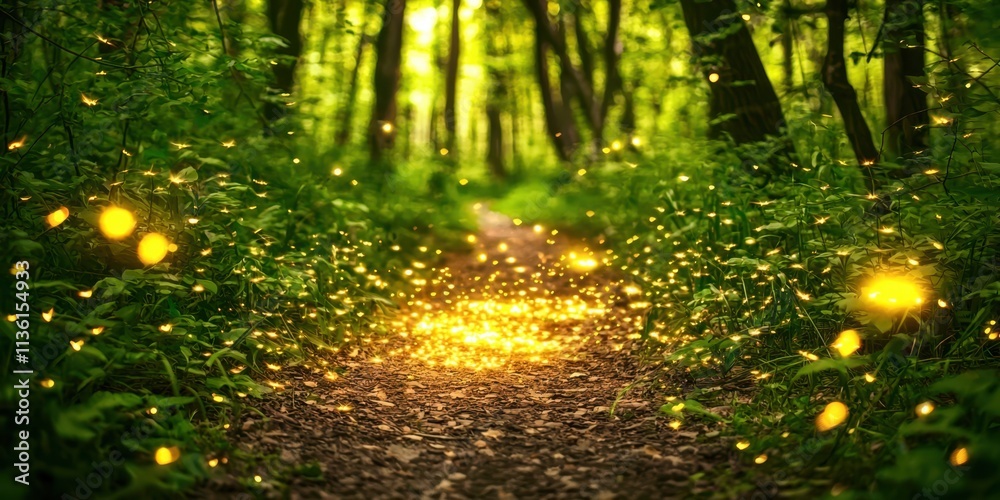 Poster Path through a forest with fireflies