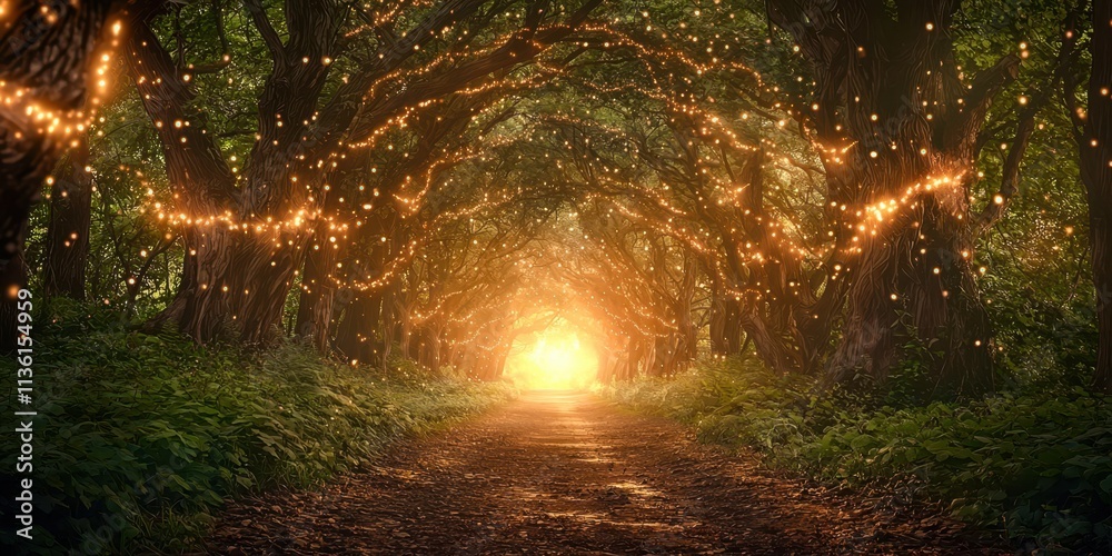 Poster Path through a forest with lights on the trees