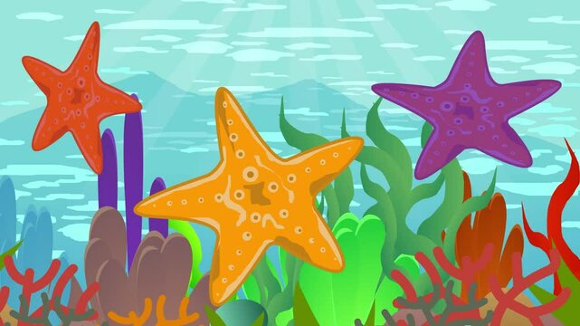 Animated video of starfish on the background with corals, art, ocean.