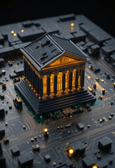 Miniature bank on top of a circuit board symbolizes finance and technology in the digital era.