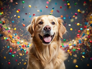 Happy New Year Golden Retriever Puppy Dog, Cute Golden Retriever Dog New Year's Celebration, Golden Retriever Holiday Card