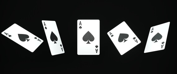Casino cards game in neon light on dark black background - 3d render. Flying cards for online casinos and mobile gambling applications, poker - winner, wealth concept.