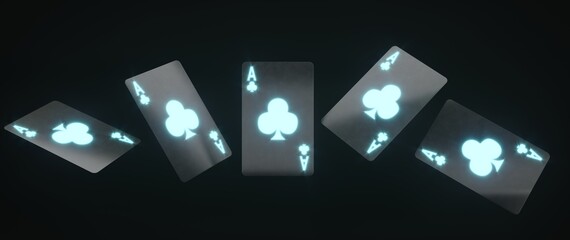 Casino cards game in neon light on dark black background - 3d render. Flying cards for online casinos and mobile gambling applications, poker - winner, wealth concept.