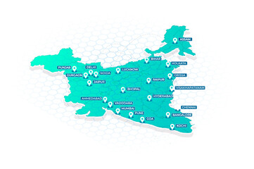 India's map with different places, cities marked on it, vector abstract map of India