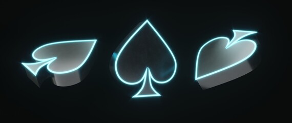 Casino cards game in neon light on dark black background - 3d render. Flying cards for online casinos and mobile gambling applications, poker - winner, wealth concept.