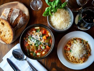 A cozy meal featuring soup, pasta, cheese, bread, and fresh basil on a wooden table.