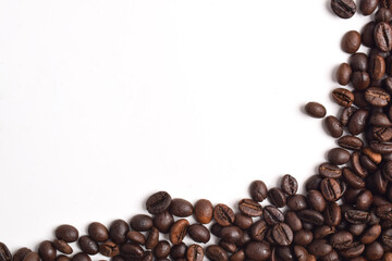 Coffee beans border on white background. Copy space for text