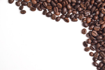 Coffee beans border on white background. Copy space for text