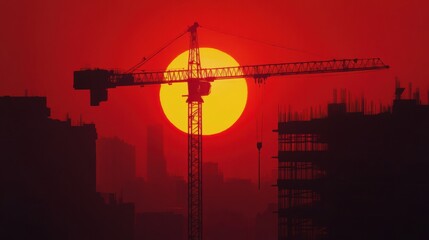 Naklejka premium A dramatic shot of a construction crane silhouetted against a vivid orange sunset, styled in an urban setting