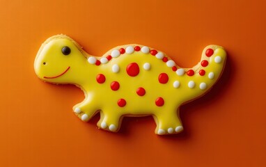 Obraz premium A dinosaur-shaped cookie with bright yellow icing and fun red polka dots dynamically hovering on a bold orange background