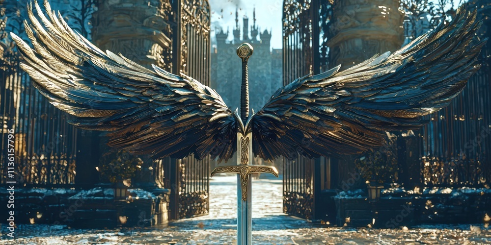 Poster Sword with a wing on it is shown in front of a gate