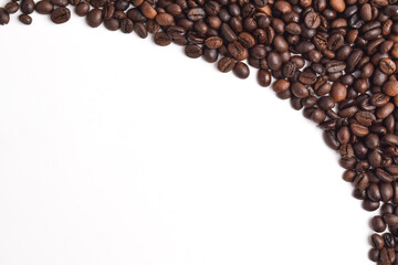 Coffee beans border on white background. Copy space for text