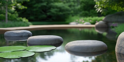 A pond with rocks and a lily pad. The rocks are scattered around the pond and the lily pad is floating on the water. The scene is peaceful and serene, with the water reflecting the surrounding trees