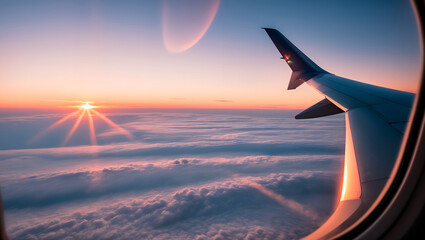 Airplane Wing View at Sunset Above the Clouds 
