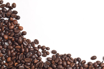Coffee beans border on white background. Copy space for text