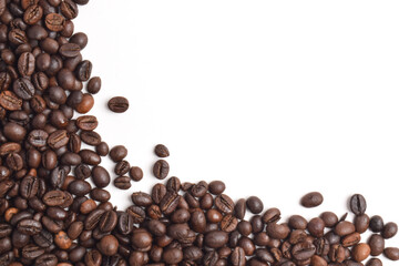 Coffee beans border on white background. Copy space for text