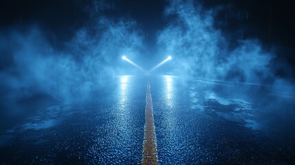 Fototapeta premium Smoky road with crossing lights, night, wet surface.