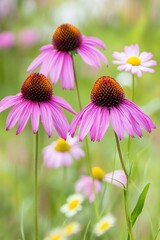 Vibrant Pink Coneflowers in a Summer Meadow