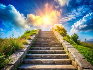 Fototapeta premium Heavenly Stone Steps: Dreamy Blue Sky, Cloud Haven, Freedom, Spiritual Journey, High Depth of Field Photography